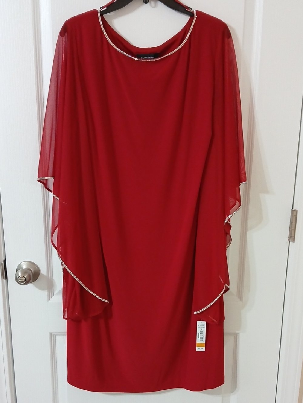 R&M Richards Red Cascade Cape-Sleeve Evening Dress